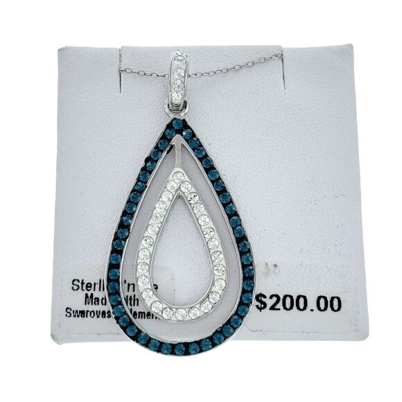Sterling Silver 925 Blue White Swarovski Crystal Teardrop Pendant Necklace 18" - Picture 1 of 6
